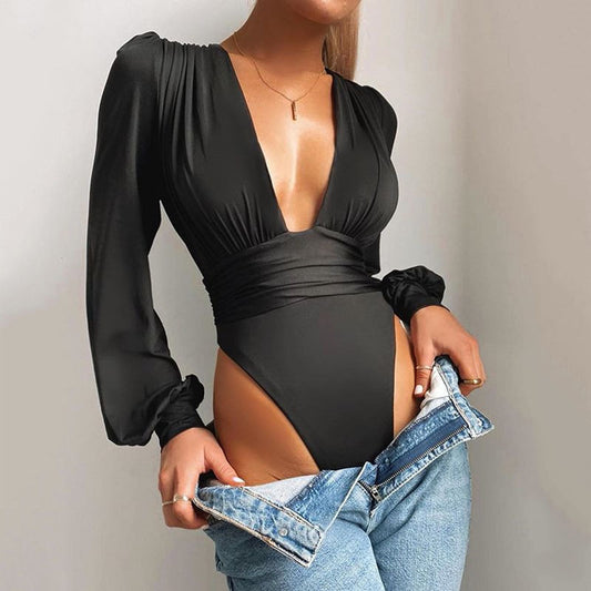 Sexy long-sleeved deep V pleated jumpsuit